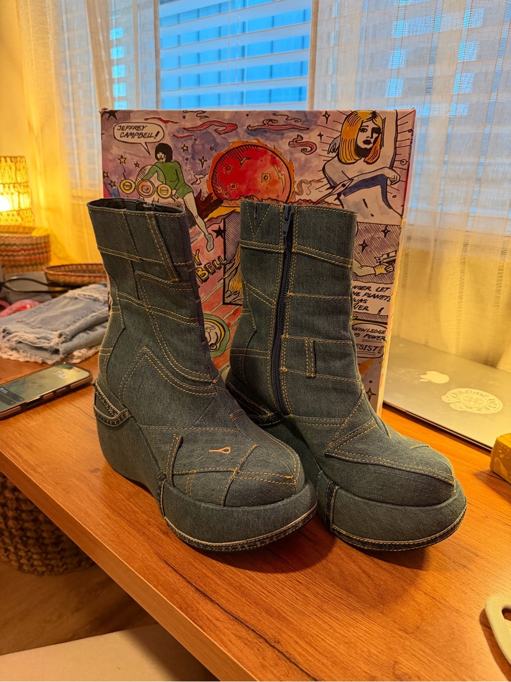 Jeffrey Campbell Denim Paneled Platform Ankle Boots in Blue - Picture 3 of 9